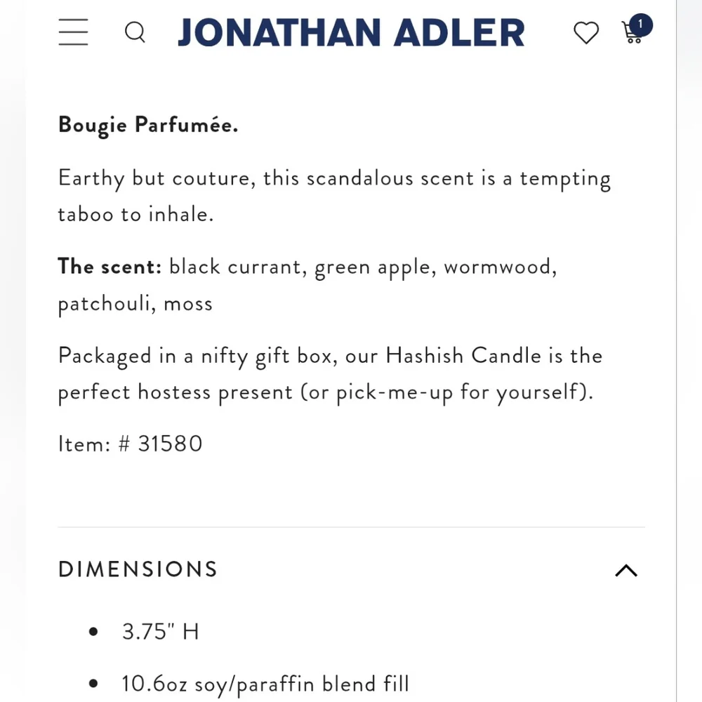 NWT Jonathan Adler Hashish Candle - Bisque White -